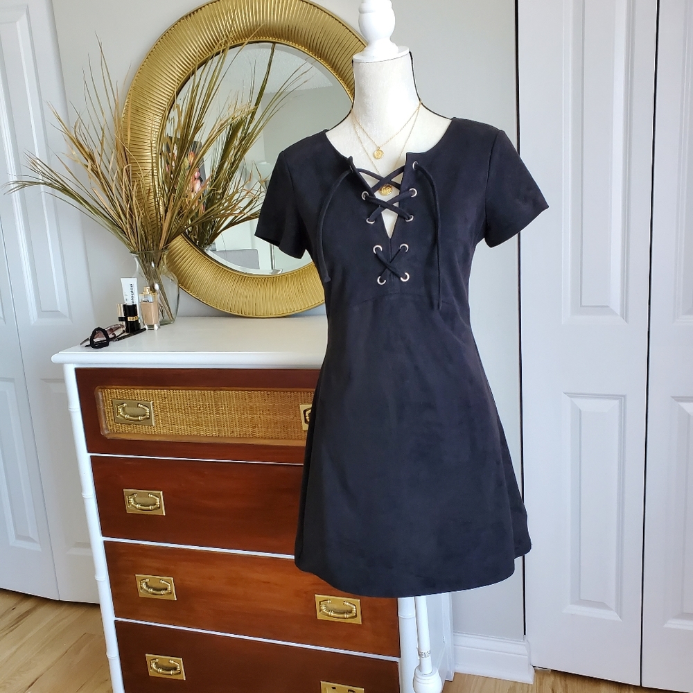 Express black lace up mini short faux suede dress